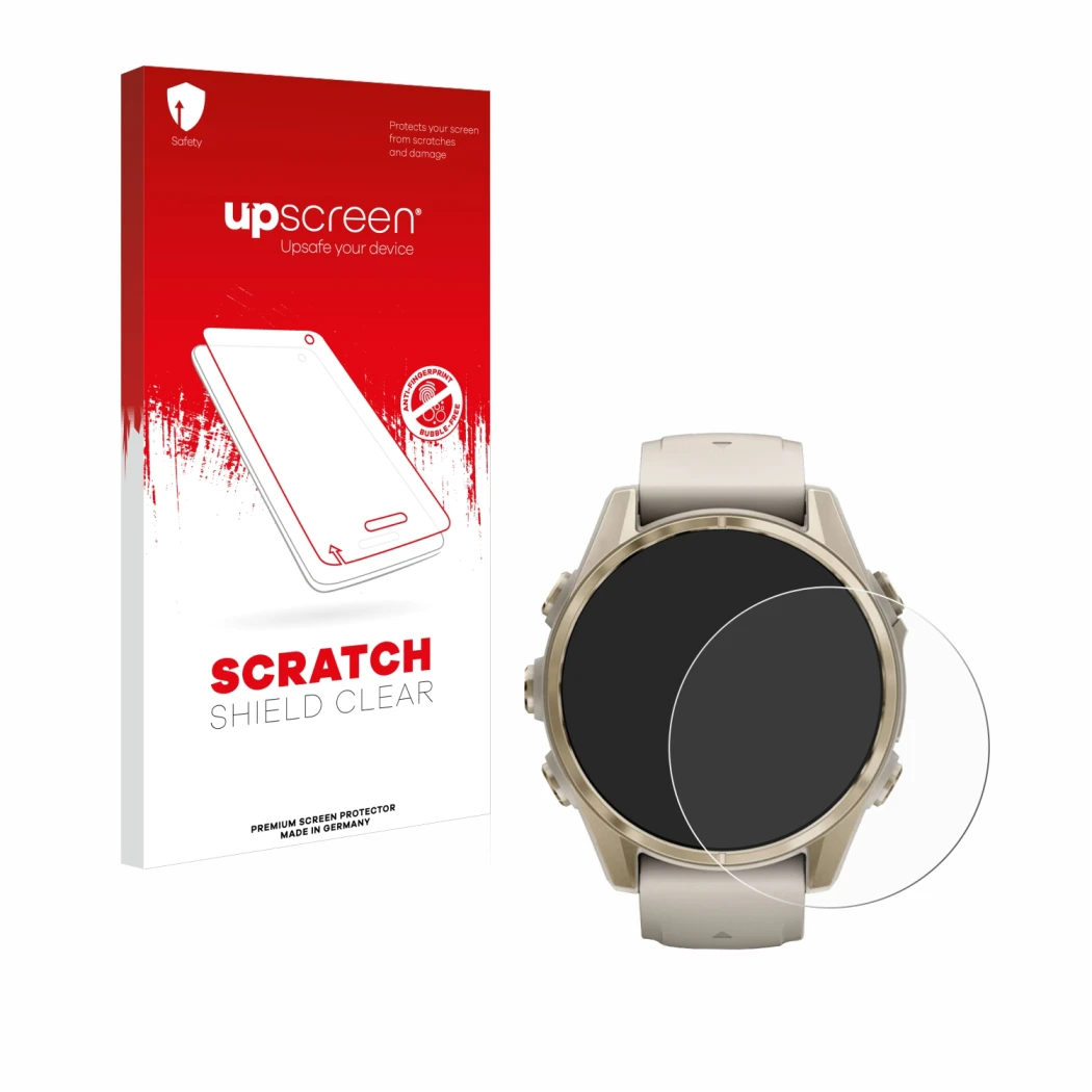 Parte frontale di una confezione del prodotto con il logo del marchio upscreen. Accanto è raffigurato il dispositivo Garmin Fe