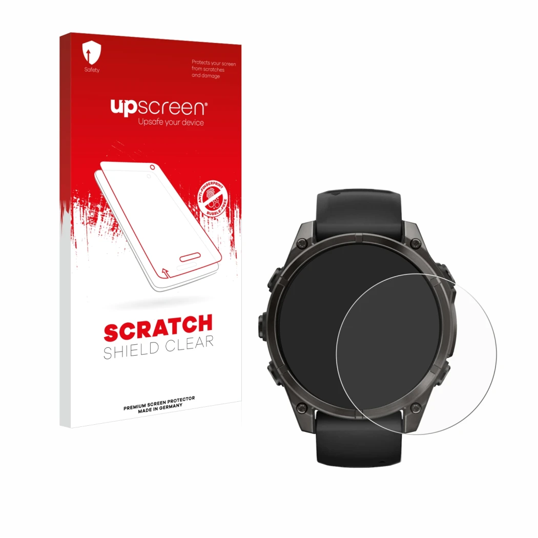 Parte frontale di una confezione del prodotto con il logo del marchio upscreen. Accanto è raffigurato il dispositivo Garmin Fe