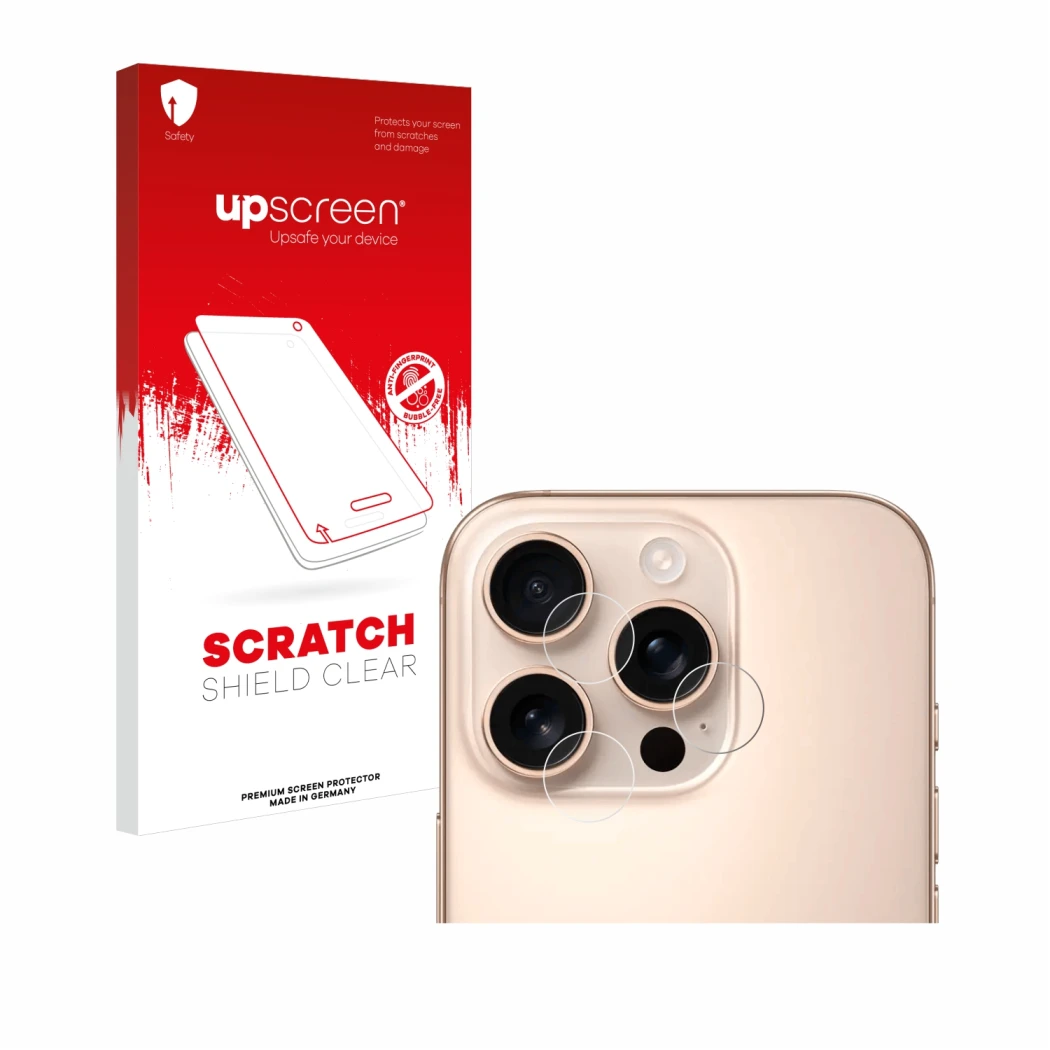 Parte frontale di una confezione del prodotto con il logo del marchio upscreen. Accanto è raffigurato il dispositivo Apple iPh