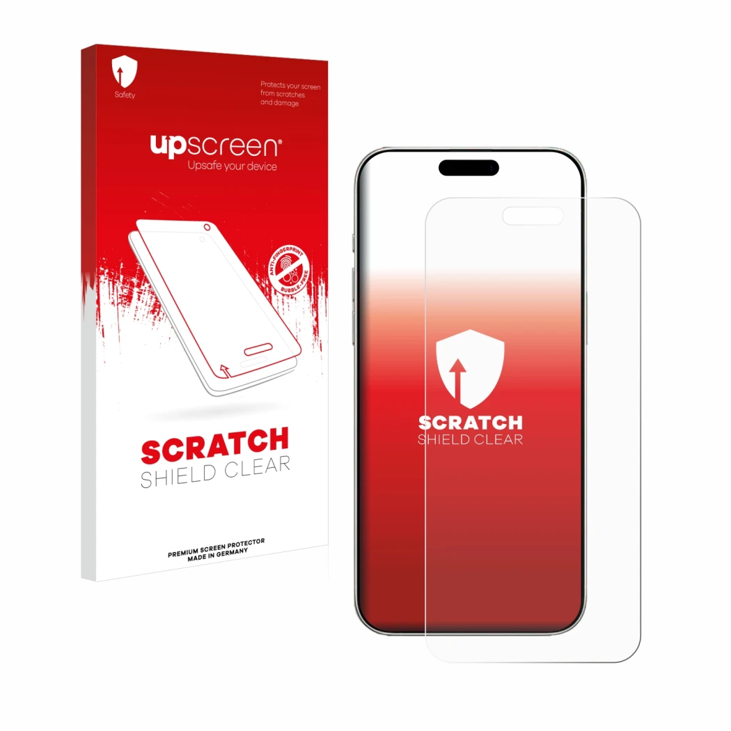 Parte frontale di una confezione del prodotto con il logo del marchio upscreen. Accanto è raffigurato il dispositivo Apple iPh