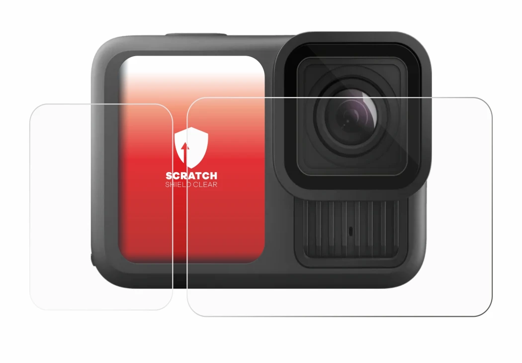 Immagine del dispositivo GoPro Hero 13 Black con un'ampia varietà di protezioni per lo schermo.