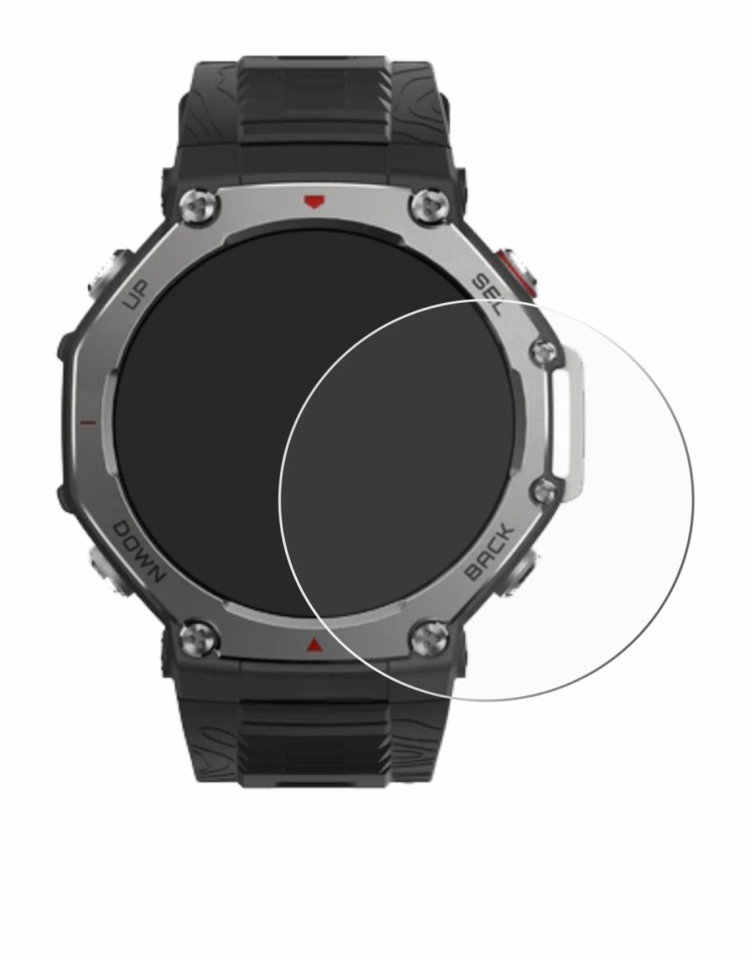 Immagine del dispositivo Huami Amazfit T-Rex 3 con un'ampia varietà di protezioni per lo schermo.