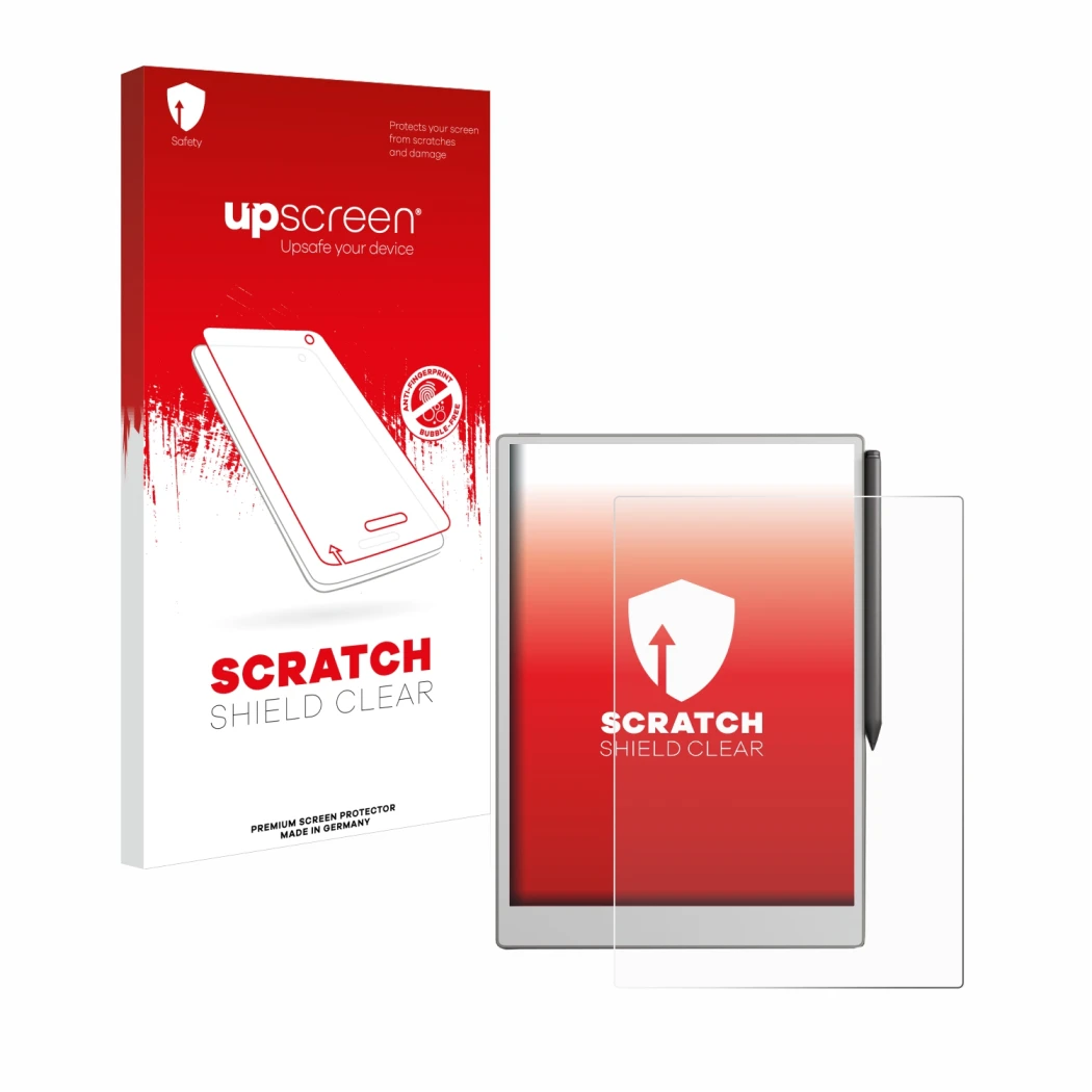 Parte frontale di una confezione del prodotto con il logo del marchio upscreen. Accanto è raffigurato il dispositivo reMarkabl