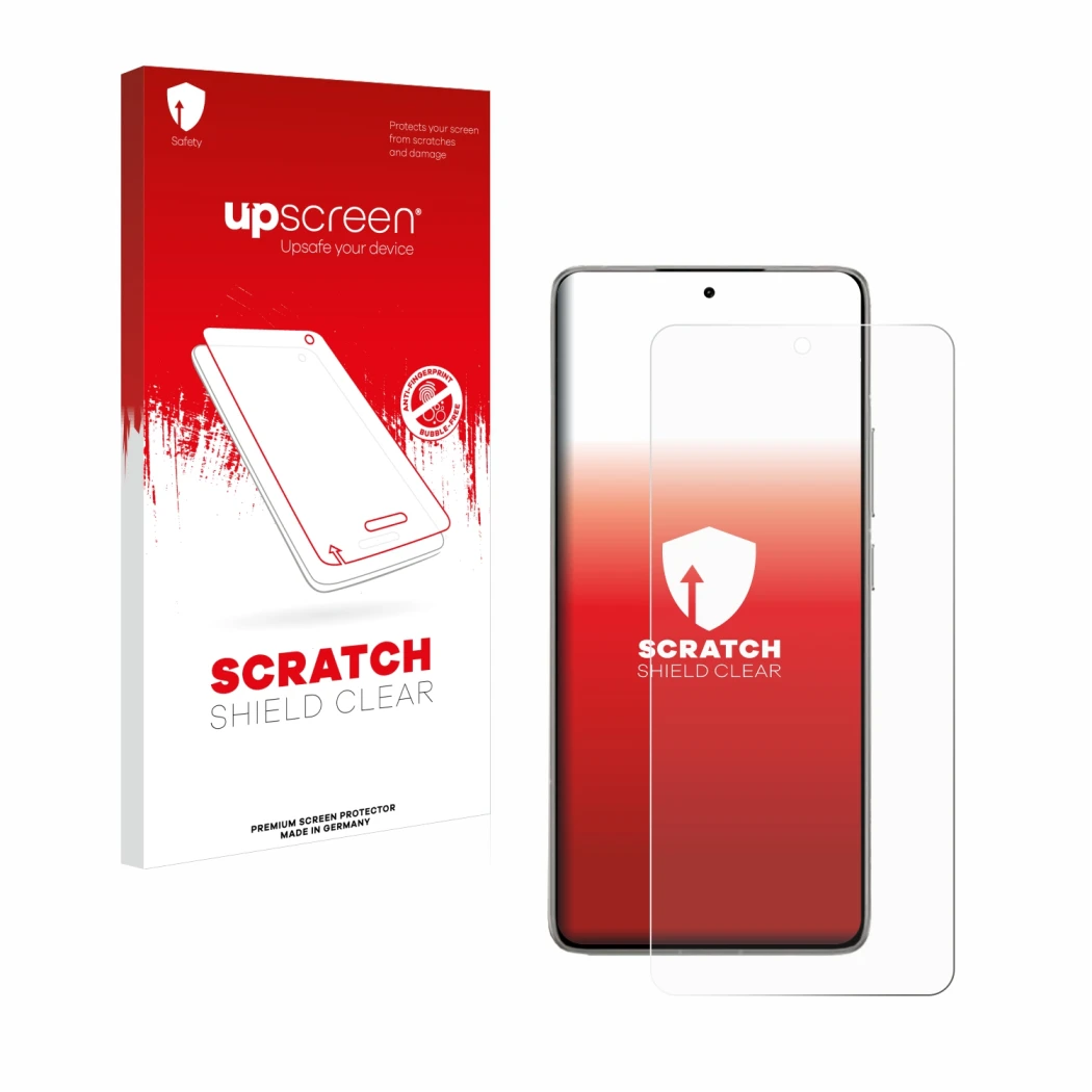 Parte frontale di una confezione del prodotto con il logo del marchio upscreen. Accanto è raffigurato il dispositivo Xiaomi 14
