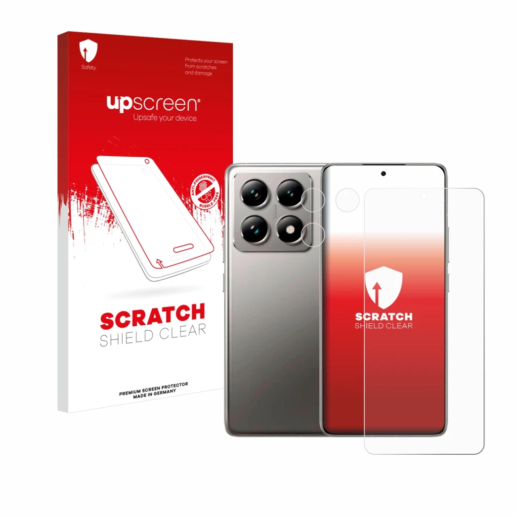 Parte frontale di una confezione del prodotto con il logo del marchio upscreen. Accanto è raffigurato il dispositivo Xiaomi 14