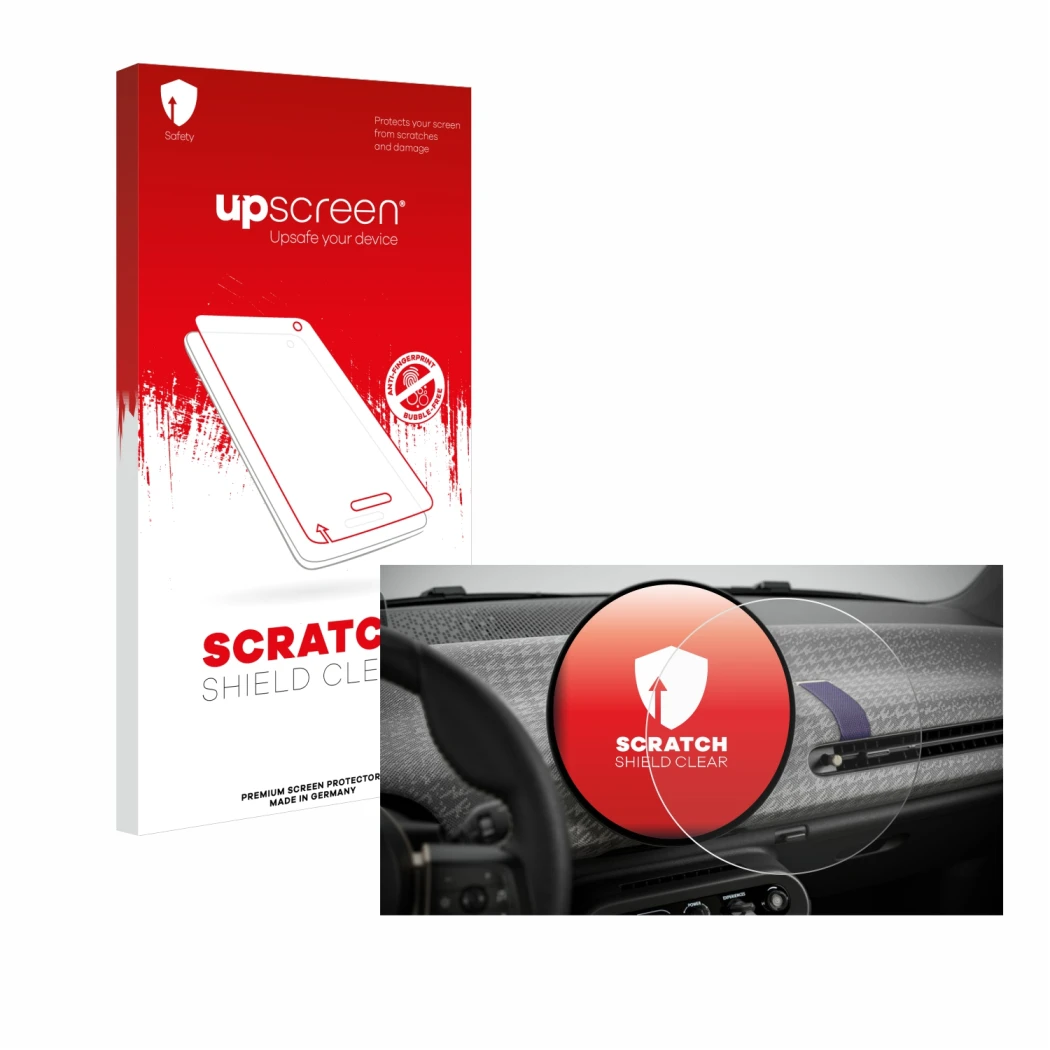 Parte frontale di una confezione del prodotto con il logo del marchio upscreen. Accanto è raffigurato il dispositivo Mini Coop