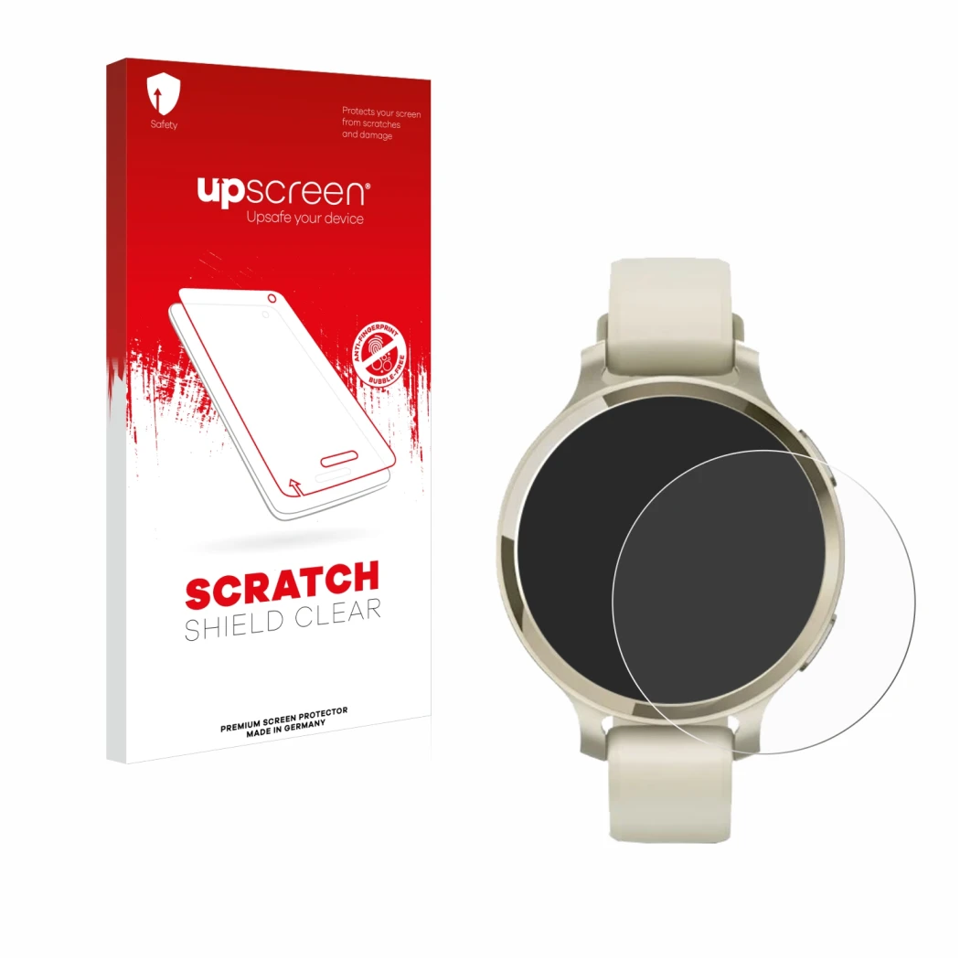 Parte frontale di una confezione del prodotto con il logo del marchio upscreen. Accanto è raffigurato il dispositivo Garmin Li