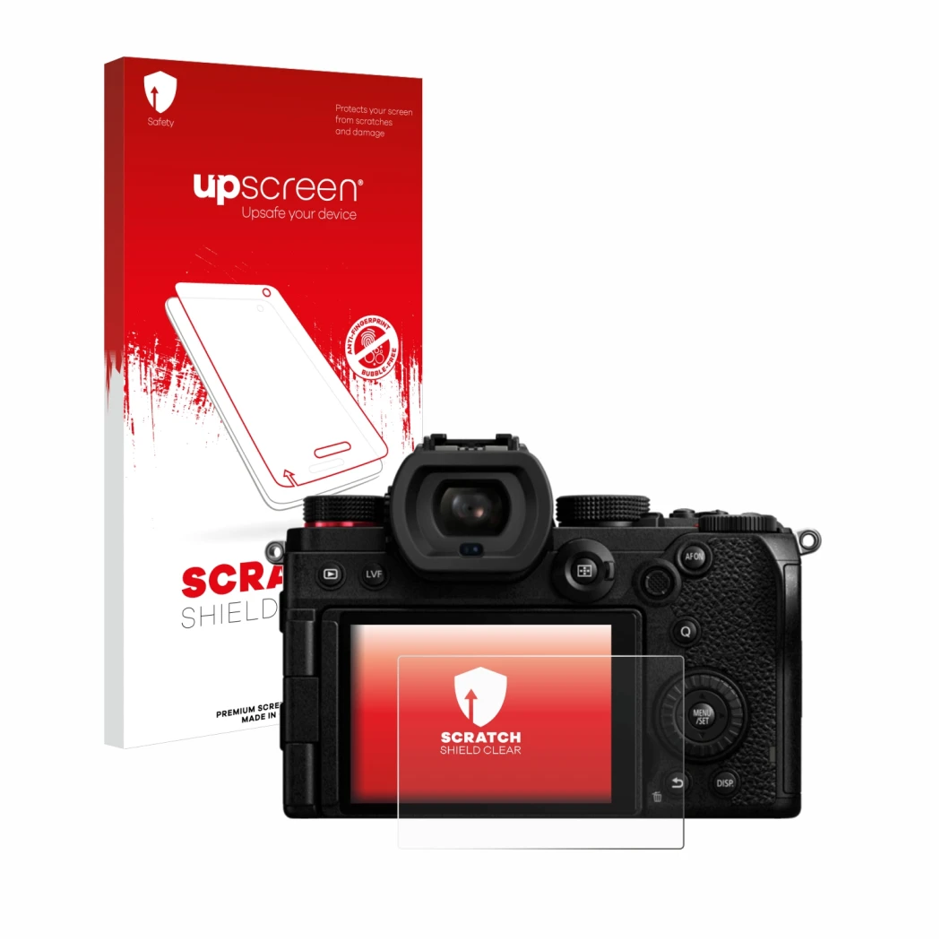 Parte frontale di una confezione del prodotto con il logo del marchio upscreen. Accanto è raffigurato il dispositivo Panasonic