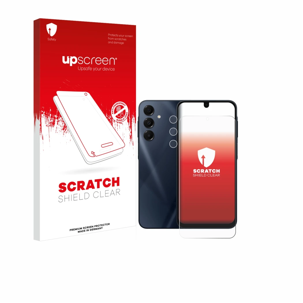 Parte frontale di una confezione del prodotto con il logo del marchio upscreen. Accanto è raffigurato il dispositivo Samsung G