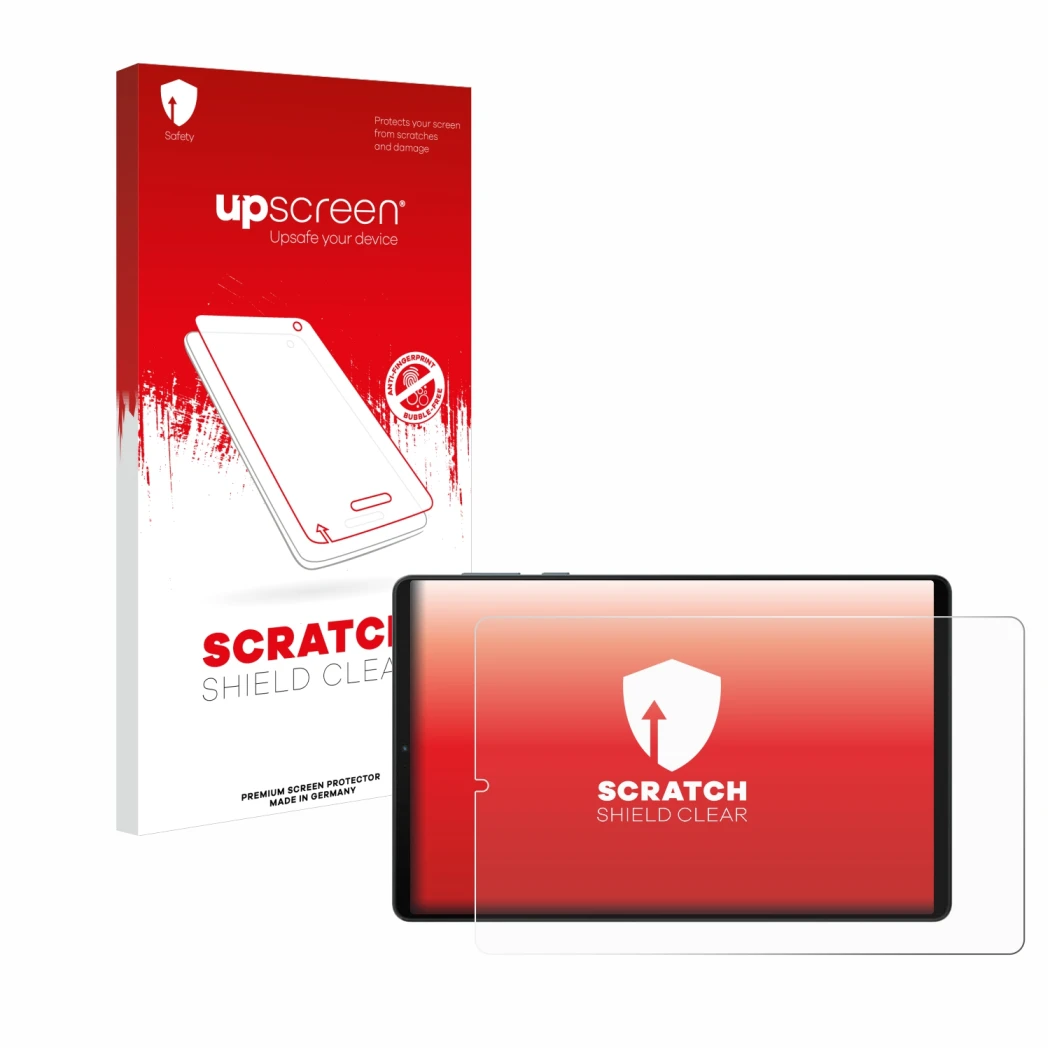 Parte frontale di una confezione del prodotto con il logo del marchio upscreen. Accanto è raffigurato il dispositivo Lenovo Le