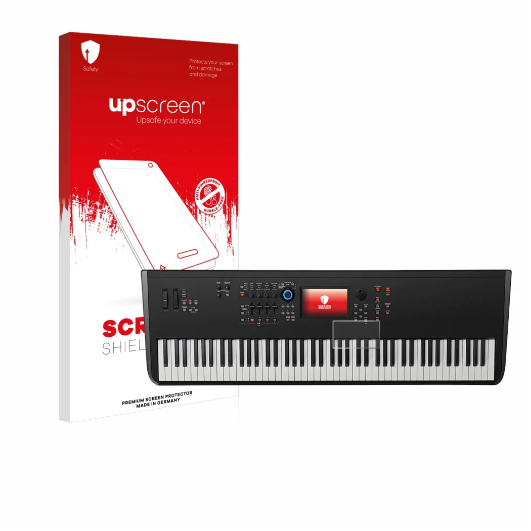 Parte frontale di una confezione del prodotto con il logo del marchio upscreen. Accanto è raffigurato il dispositivo Yamaha MO