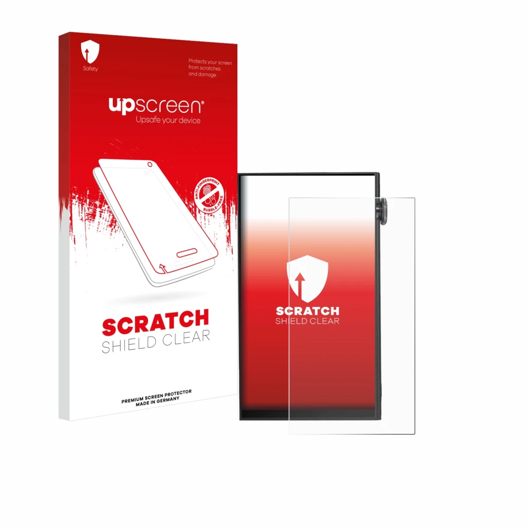 Parte frontale di una confezione del prodotto con il logo del marchio upscreen. Accanto è raffigurato il dispositivo iBasso DX