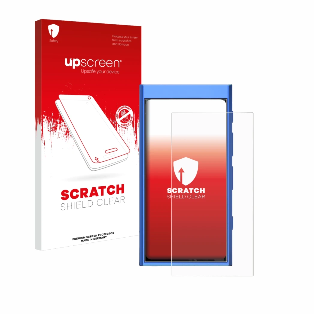 Parte frontale di una confezione del prodotto con il logo del marchio upscreen. Accanto è raffigurato il dispositivo Hiby Digi