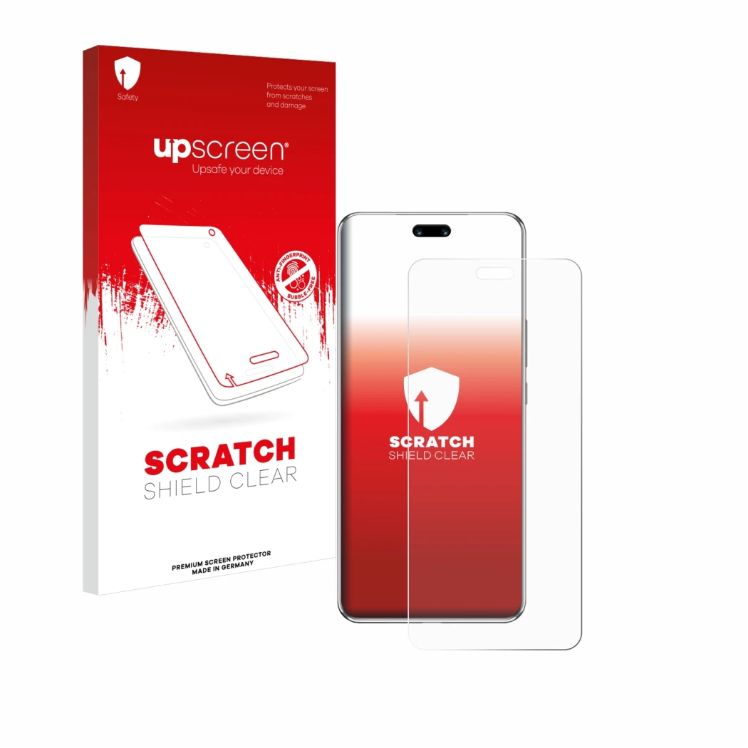 Parte frontale di una confezione del prodotto con il logo del marchio upscreen. Accanto è raffigurato il dispositivo Huawei No