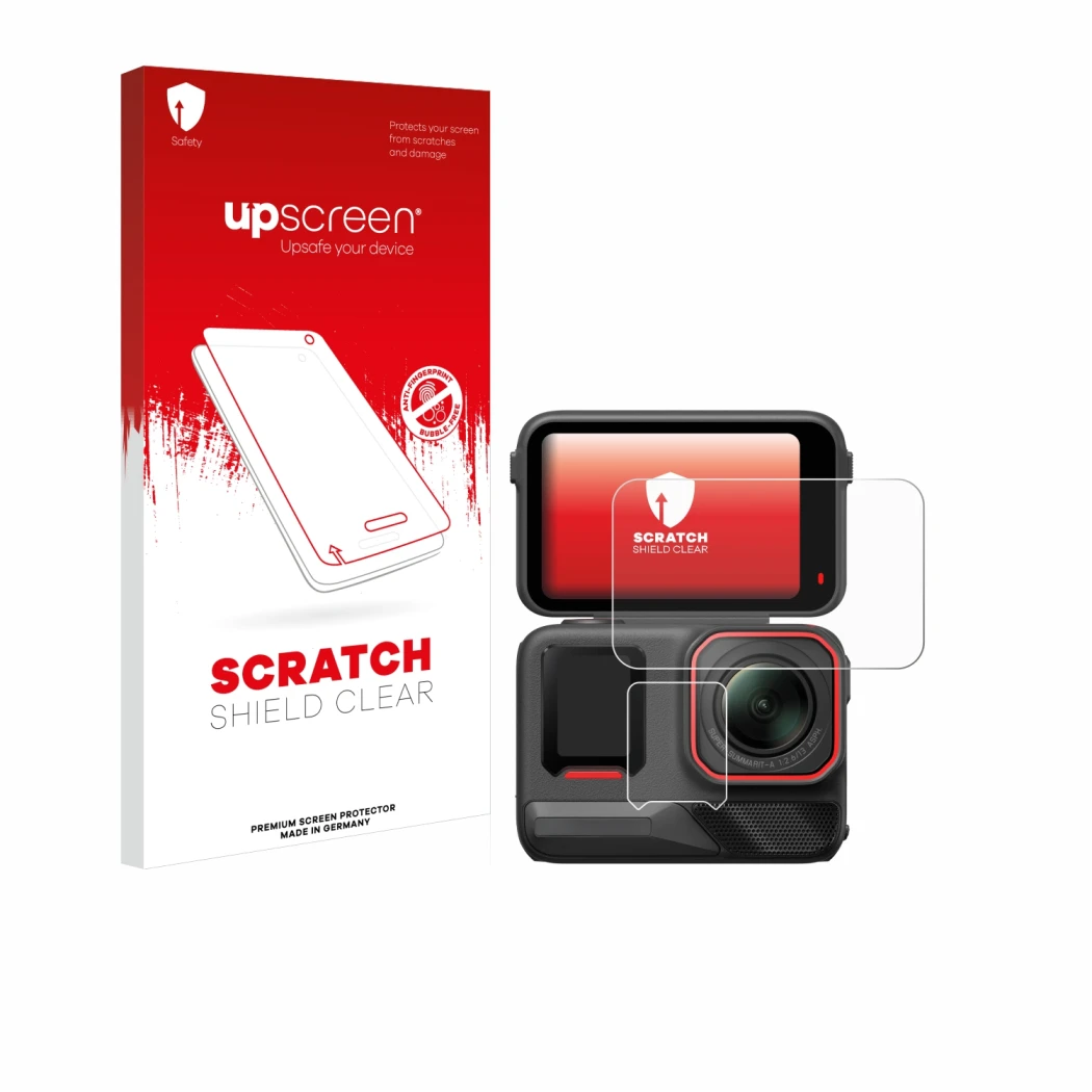 Parte frontale di una confezione del prodotto con il logo del marchio upscreen. Accanto è raffigurato il dispositivo Insta360