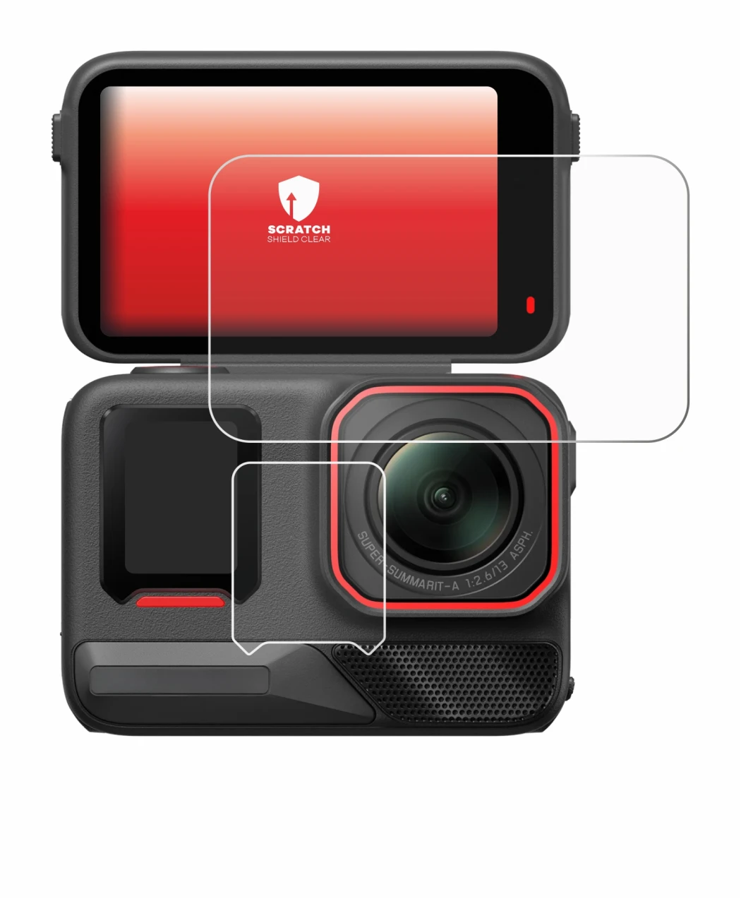 Immagine del dispositivo Insta360 Ace Pro 2 con un'ampia varietà di protezioni per lo schermo.