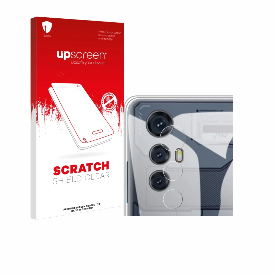 Parte frontale di una confezione del prodotto con il logo del marchio upscreen. Accanto è raffigurato il dispositivo Cubot Max
