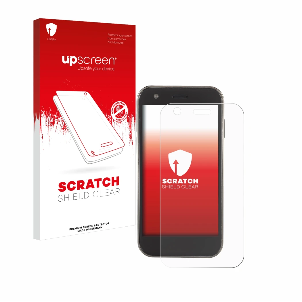 Parte frontale di una confezione del prodotto con il logo del marchio upscreen. Accanto è raffigurato il dispositivo Soyes XS1