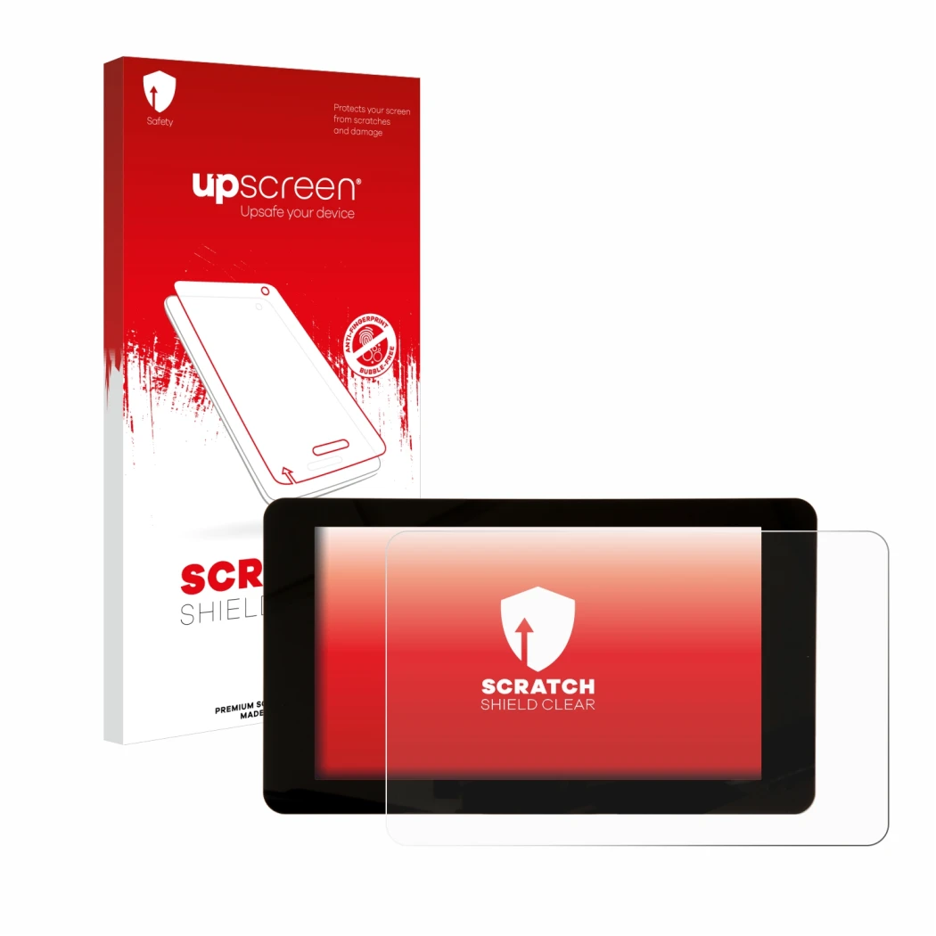 Parte frontale di una confezione del prodotto con il logo del marchio upscreen. Accanto è raffigurato il dispositivo Raspberry