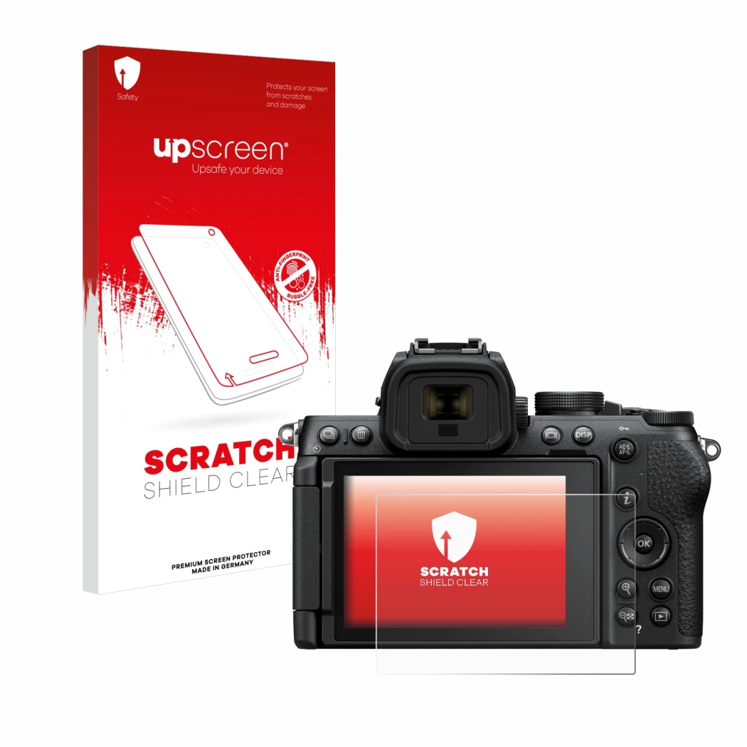 Parte frontale di una confezione del prodotto con il logo del marchio upscreen. Accanto è raffigurato il dispositivo Nikon Z50
