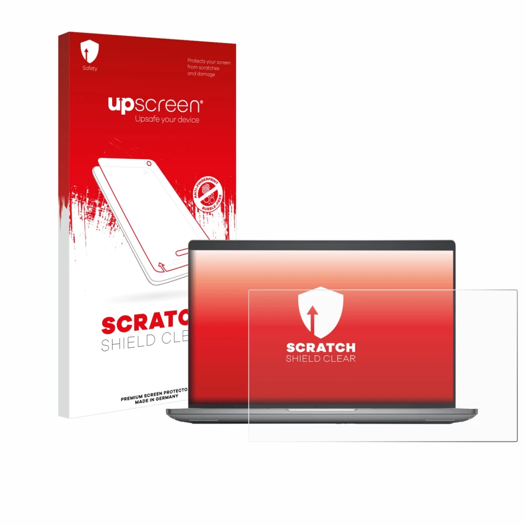 Parte frontale di una confezione del prodotto con il logo del marchio upscreen. Accanto è raffigurato il dispositivo Dell Prec