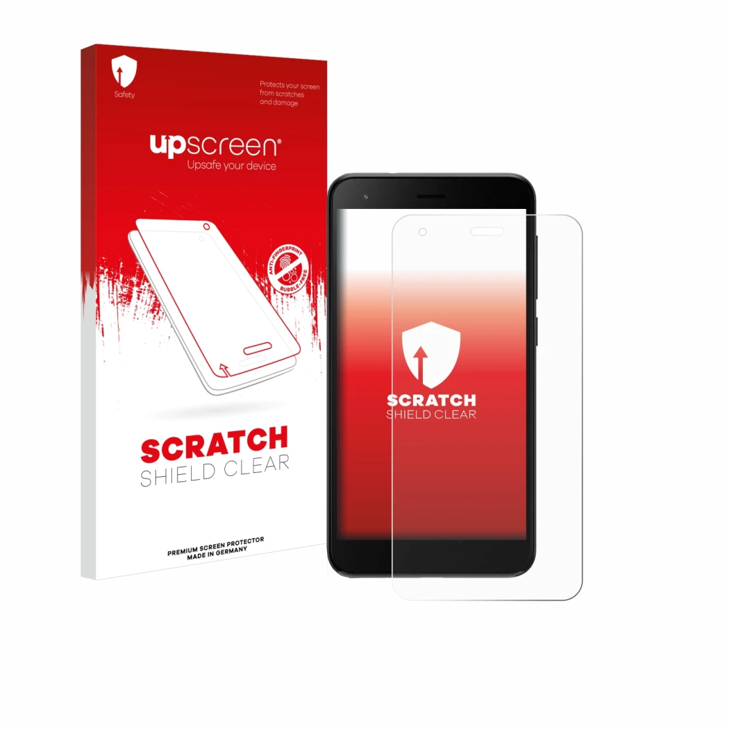 Parte frontale di una confezione del prodotto con il logo del marchio upscreen. Accanto è raffigurato il dispositivo ZTE Blade