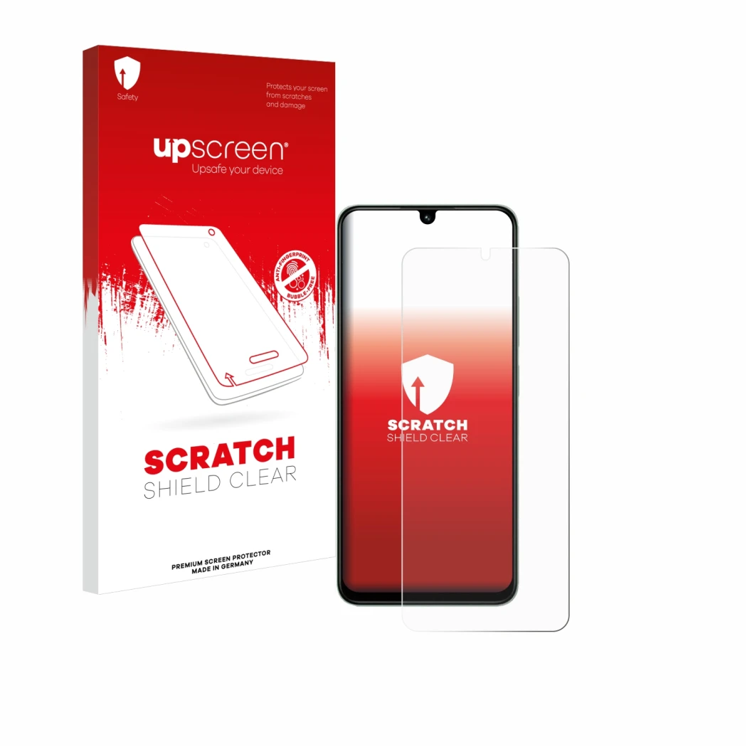 Parte frontale di una confezione del prodotto con il logo del marchio upscreen. Accanto è raffigurato il dispositivo Xiaomi Po
