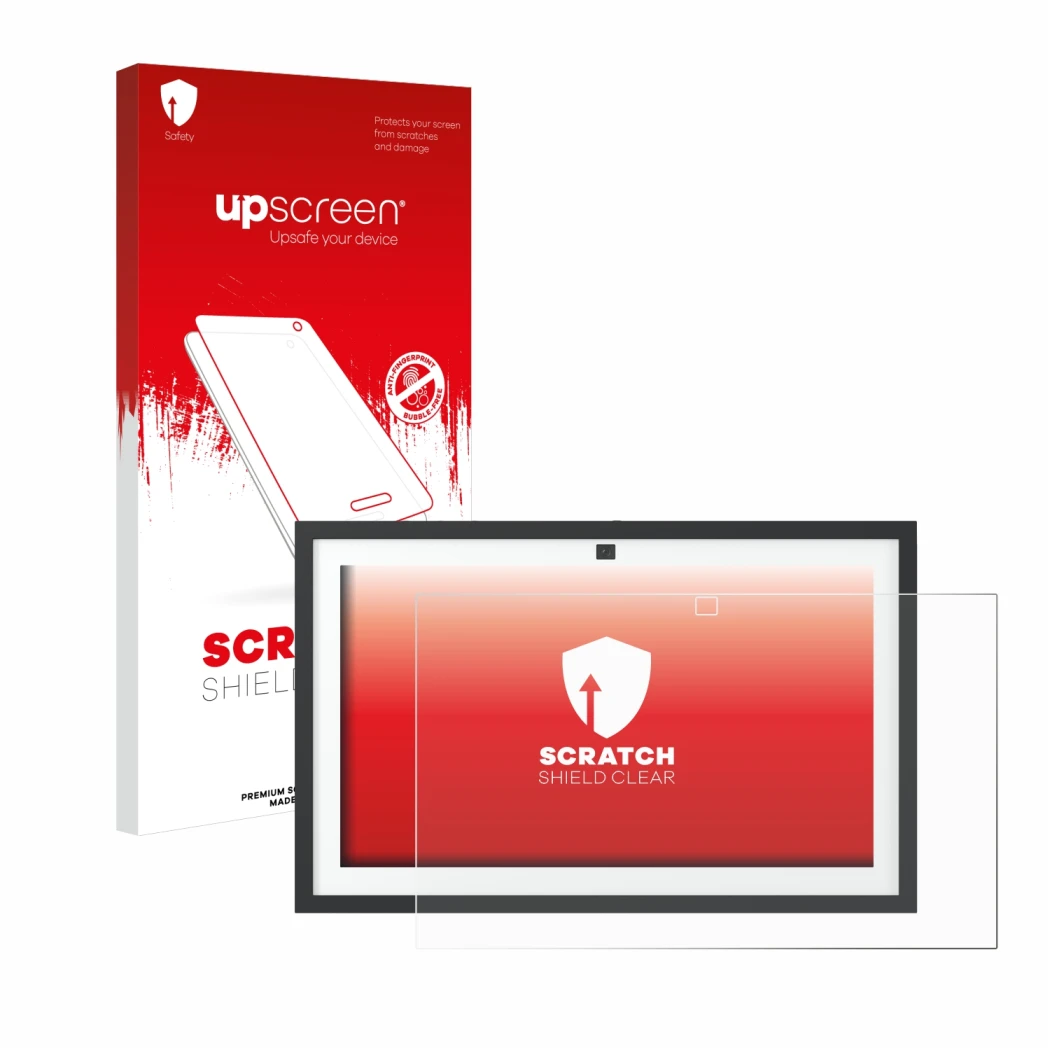 Parte frontale di una confezione del prodotto con il logo del marchio upscreen. Accanto è raffigurato il dispositivo Amazon Ec