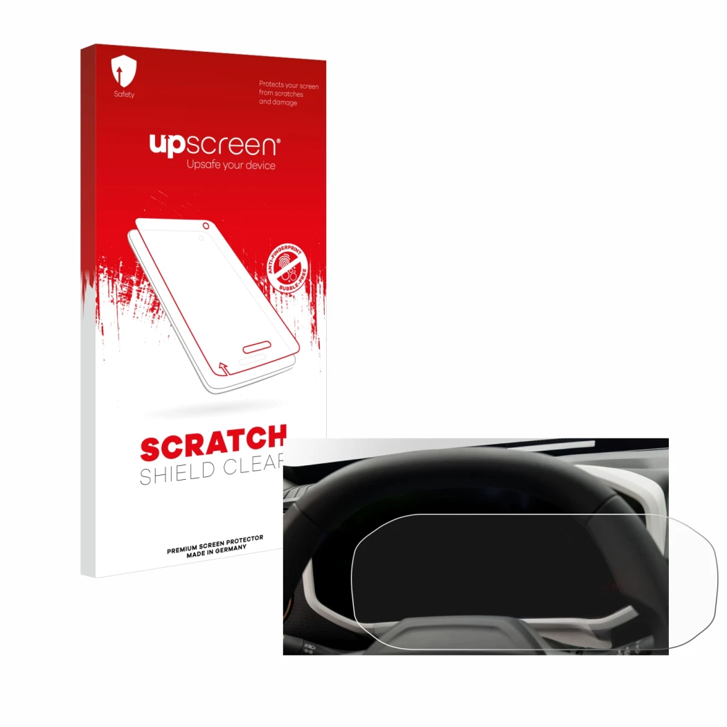 Parte frontale di una confezione del prodotto con il logo del marchio upscreen. Accanto è raffigurato il dispositivo Dacia Dus