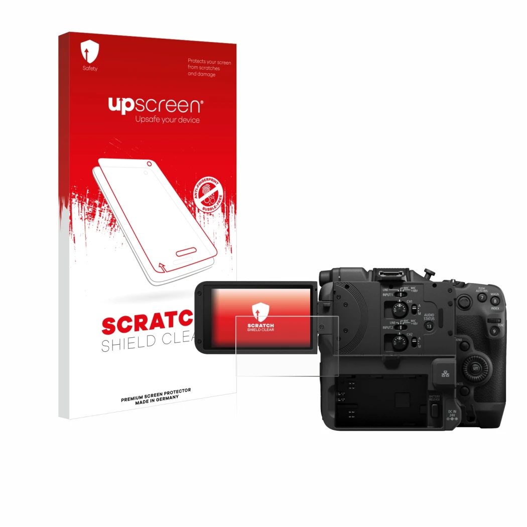 Parte frontale di una confezione del prodotto con il logo del marchio upscreen. Accanto è raffigurato il dispositivo Canon EOS