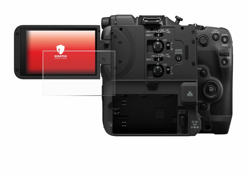 Immagine del dispositivo Canon EOS C400 con un'ampia varietà di protezioni per lo schermo.