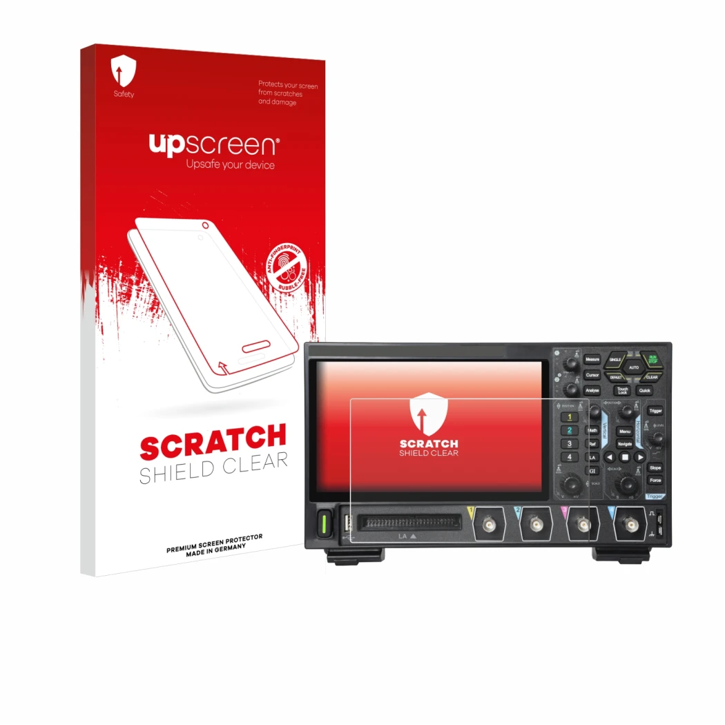 Parte frontale di una confezione del prodotto con il logo del marchio upscreen. Accanto è raffigurato il dispositivo Rigol DHO