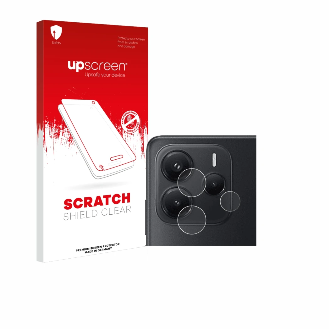 Parte frontale di una confezione del prodotto con il logo del marchio upscreen. Accanto è raffigurato il dispositivo Xiaomi Re