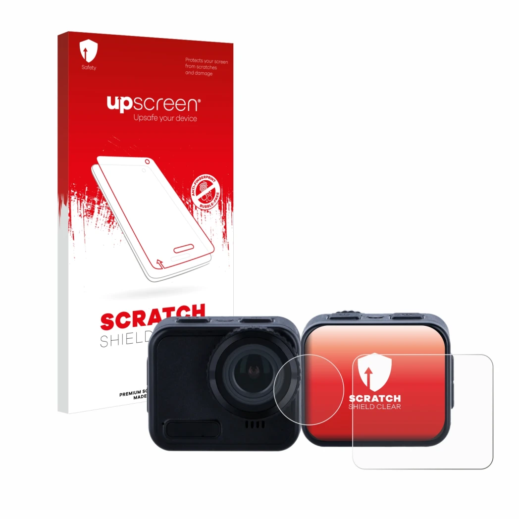 Parte frontale di una confezione del prodotto con il logo del marchio upscreen. Accanto è raffigurato il dispositivo Rollei 9s