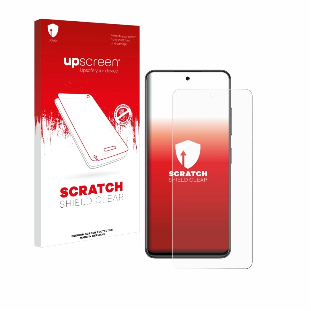Parte frontale di una confezione del prodotto con il logo del marchio upscreen. Accanto è raffigurato il dispositivo Nubia Foc