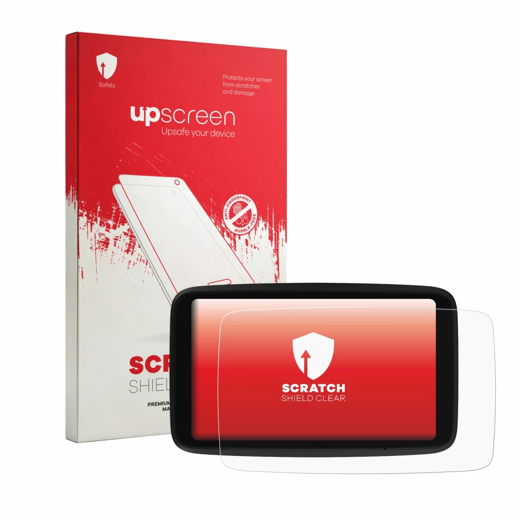 Parte frontale di una confezione del prodotto con il logo del marchio upscreen. Accanto è raffigurato il dispositivo TomTom GO