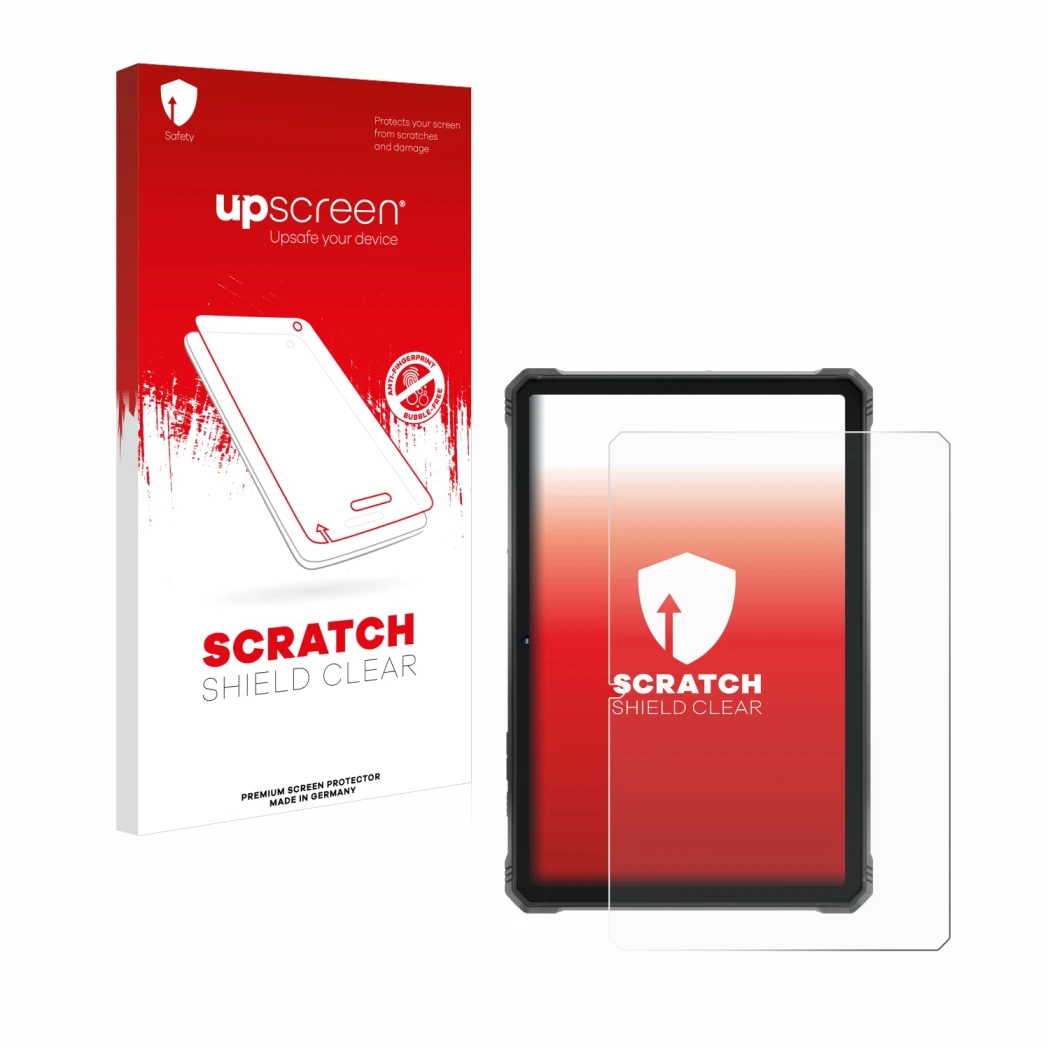 Parte frontale di una confezione del prodotto con il logo del marchio upscreen. Accanto è raffigurato il dispositivo Hotwav R9