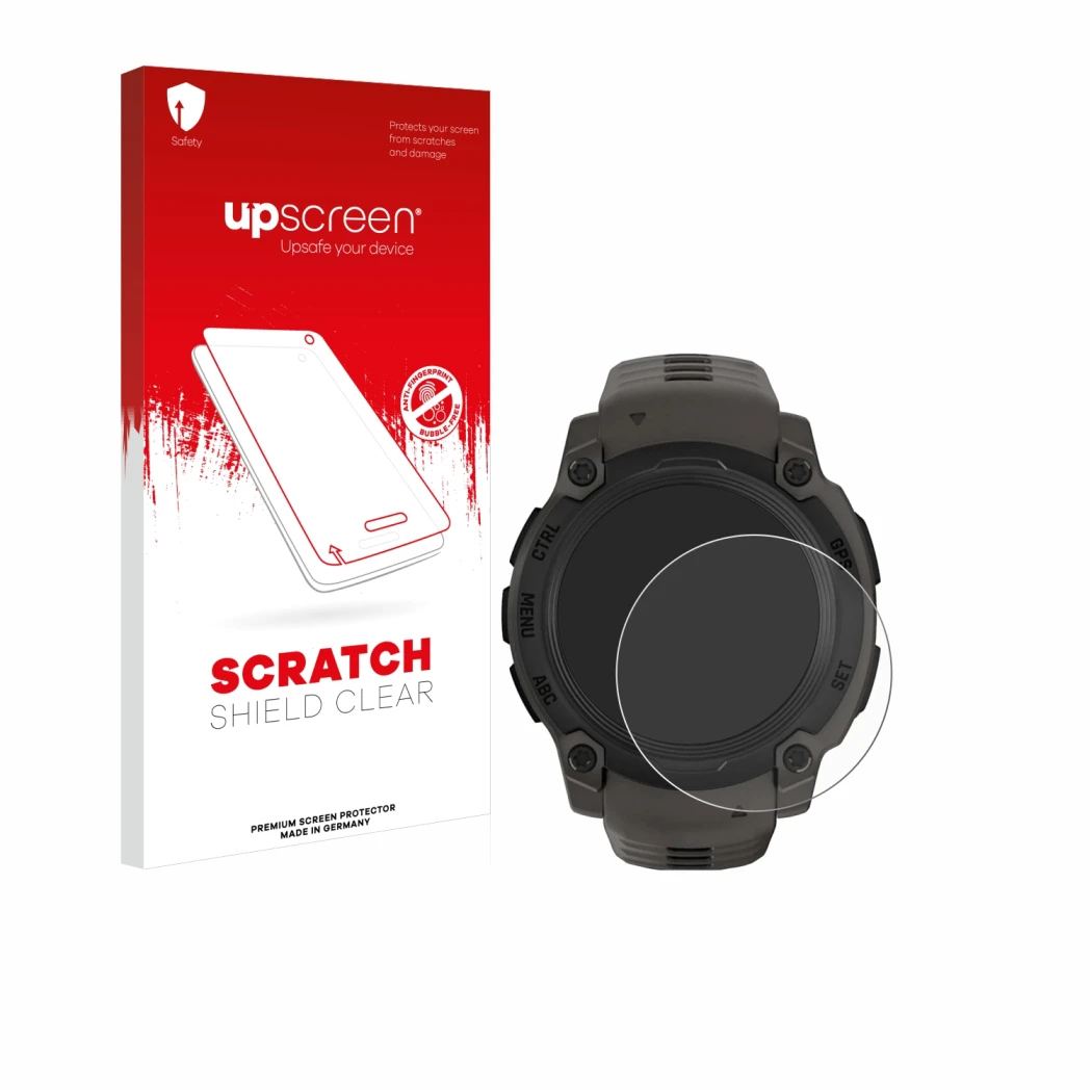 Parte frontale di una confezione del prodotto con il logo del marchio upscreen. Accanto è raffigurato il dispositivo Garmin In