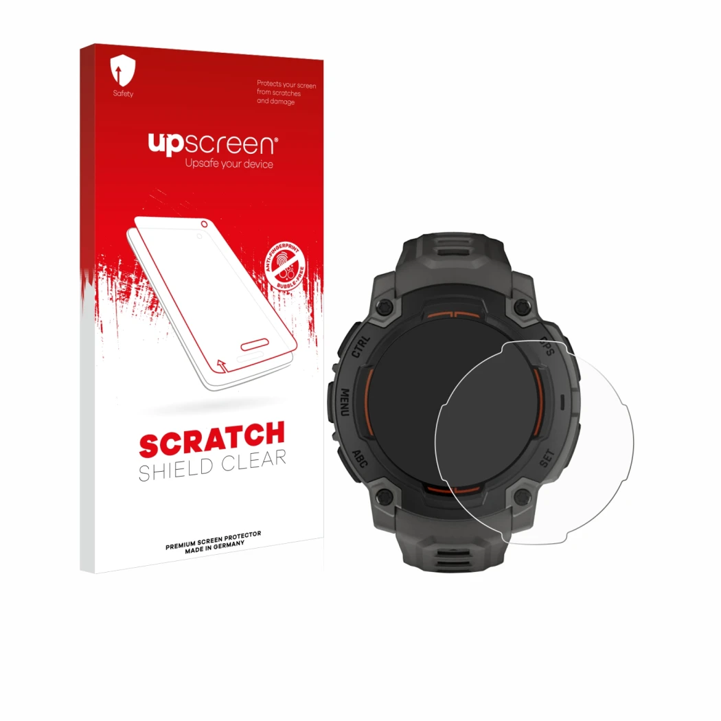 Parte frontale di una confezione del prodotto con il logo del marchio upscreen. Accanto è raffigurato il dispositivo Garmin In