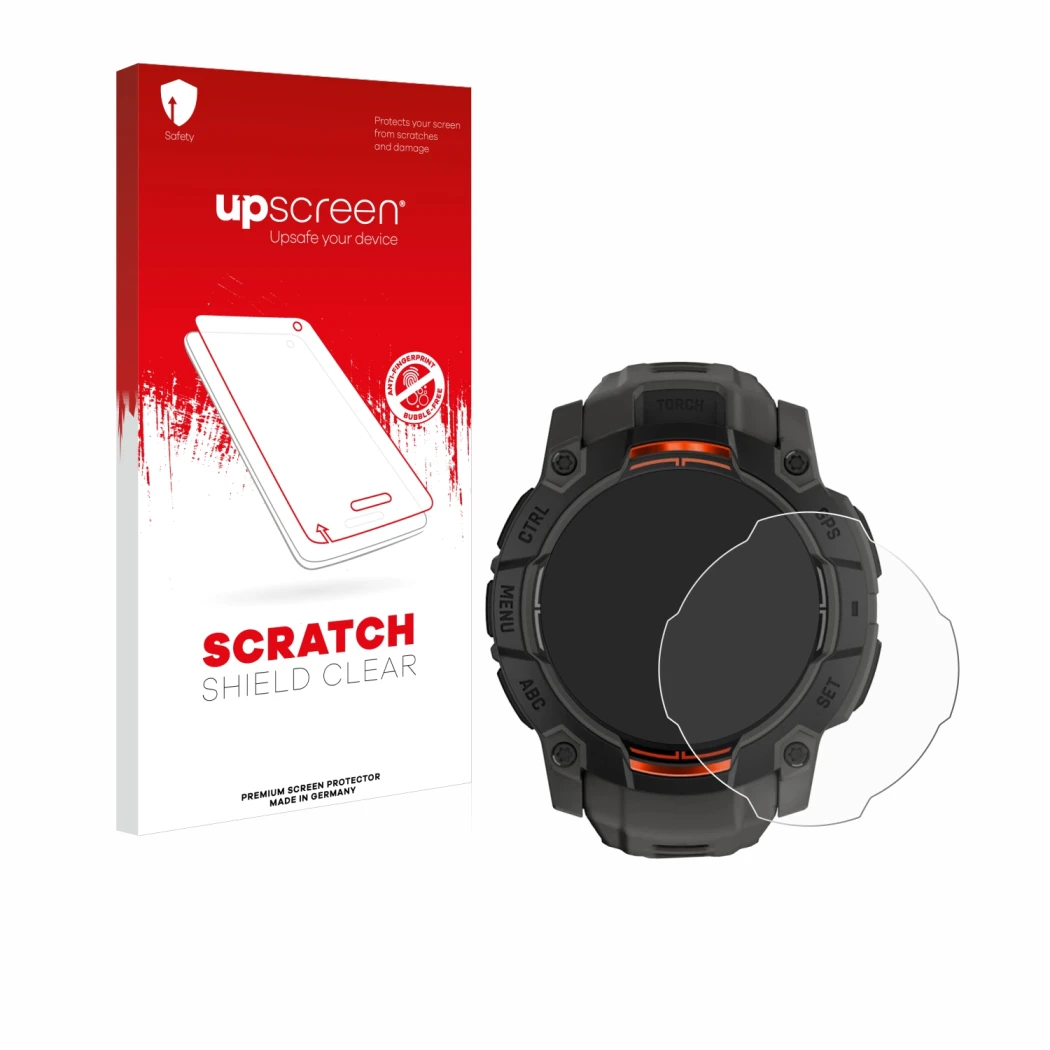 Parte frontale di una confezione del prodotto con il logo del marchio upscreen. Accanto è raffigurato il dispositivo Garmin In