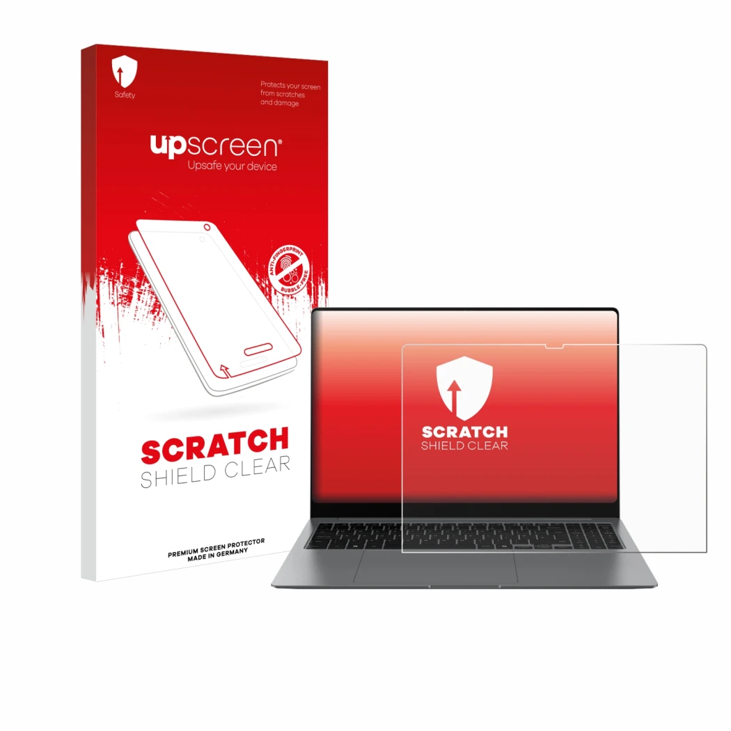 Parte frontale di una confezione del prodotto con il logo del marchio upscreen. Accanto è raffigurato il dispositivo Samsung G