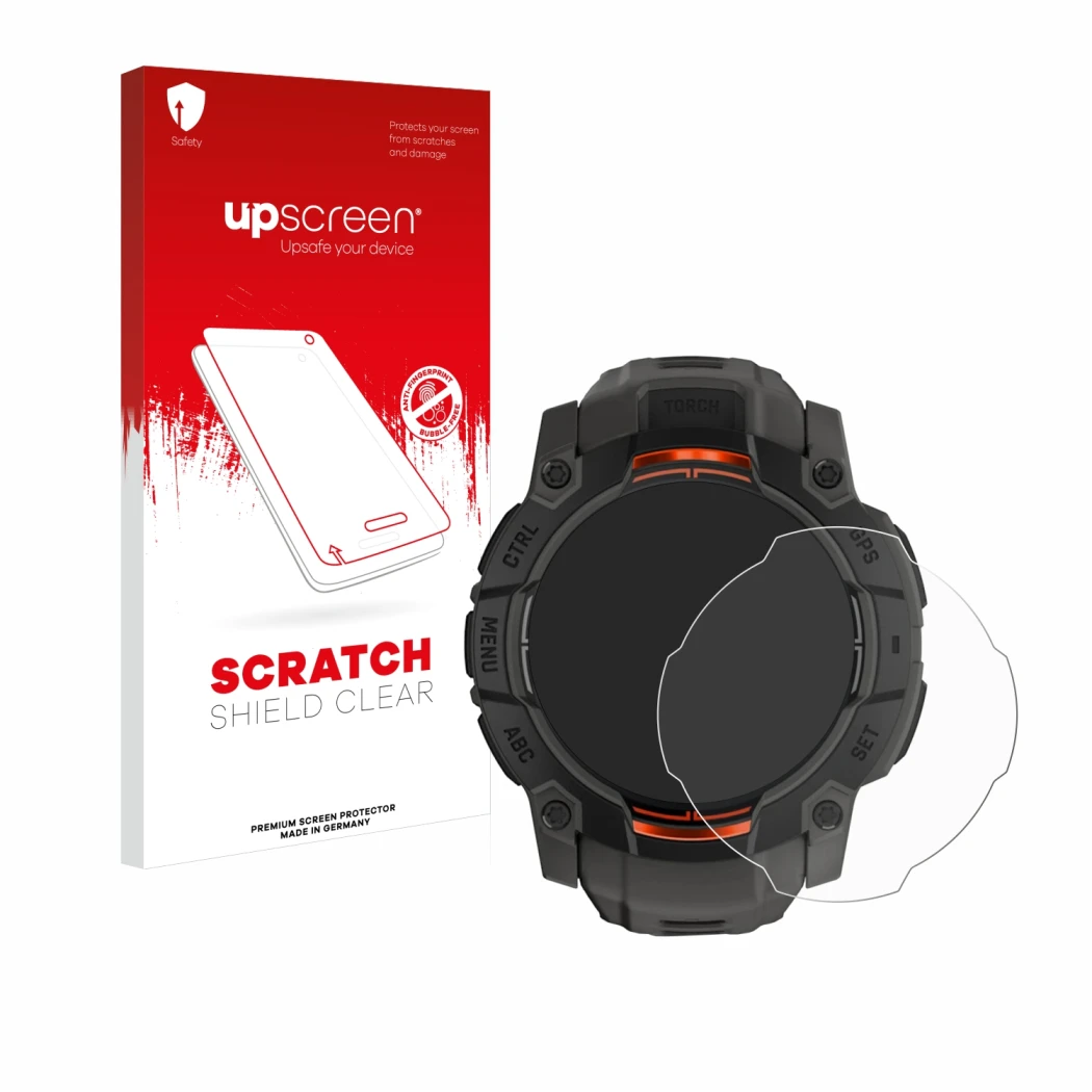 Parte frontale di una confezione del prodotto con il logo del marchio upscreen. Accanto è raffigurato il dispositivo Garmin In