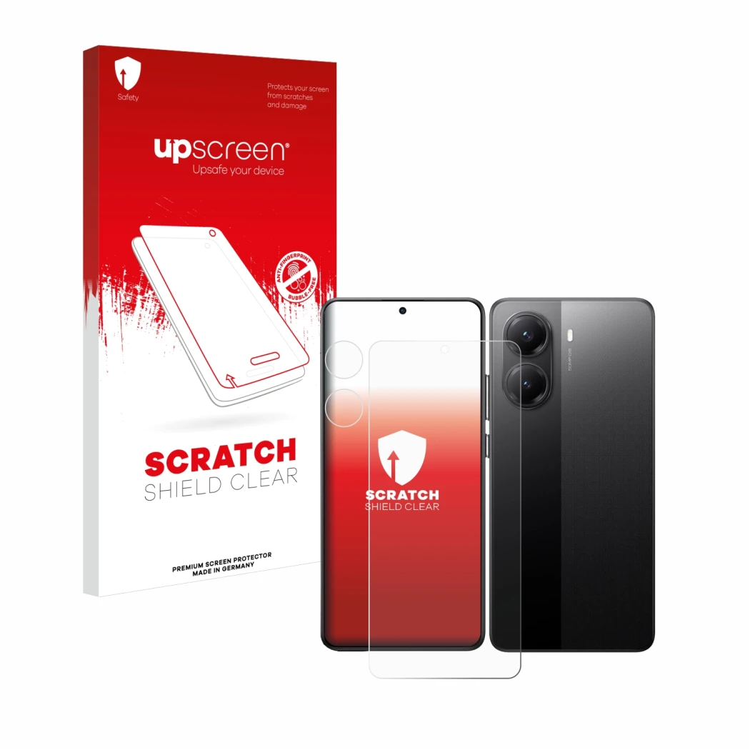 Parte frontale di una confezione del prodotto con il logo del marchio upscreen. Accanto è raffigurato il dispositivo Xiaomi Po