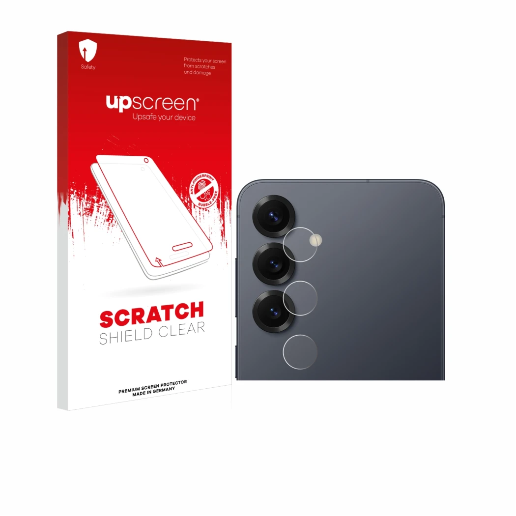 Parte frontale di una confezione del prodotto con il logo del marchio upscreen. Accanto è raffigurato il dispositivo Samsung G
