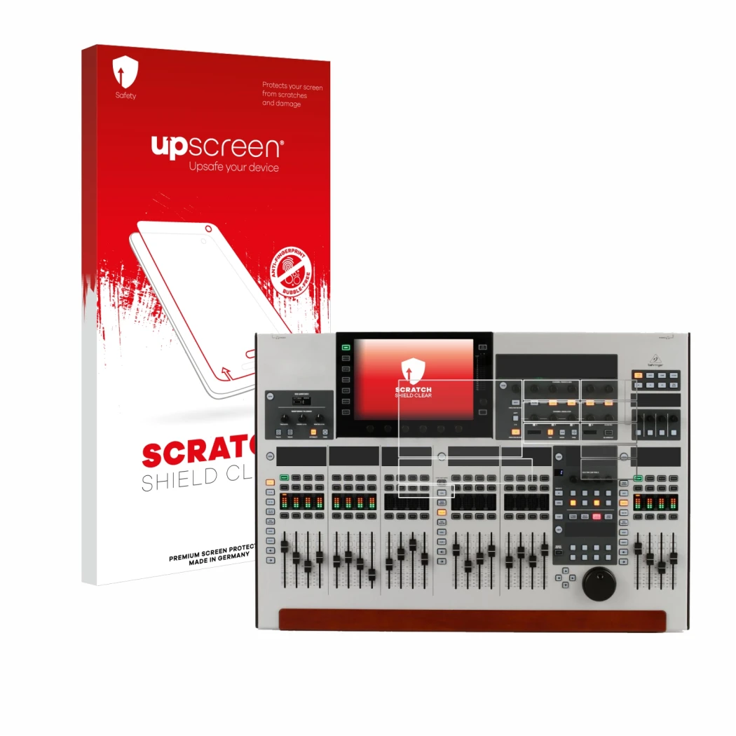 Parte frontale di una confezione del prodotto con il logo del marchio upscreen. Accanto è raffigurato il dispositivo Behringer