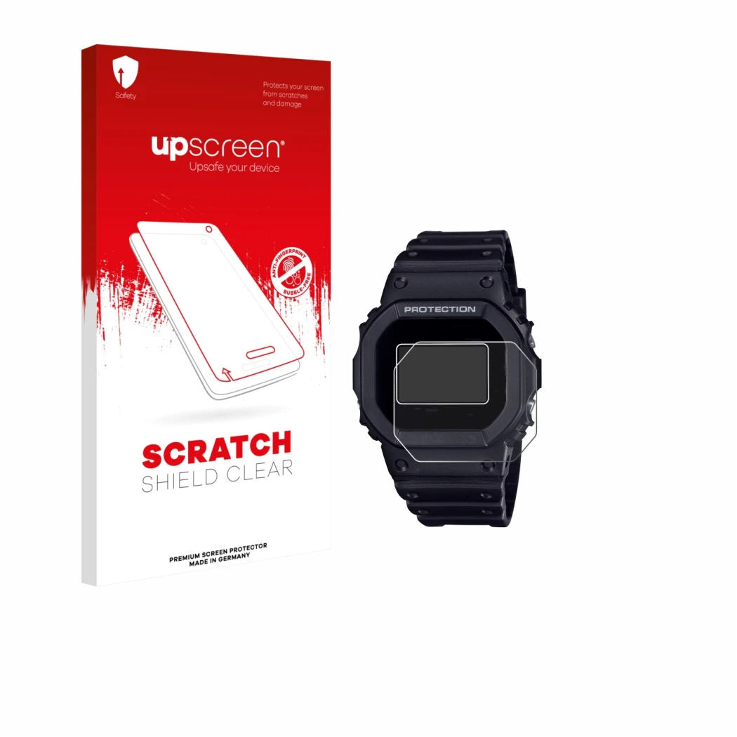 Parte frontale di una confezione del prodotto con il logo del marchio upscreen. Accanto è raffigurato il dispositivo Casio G-S