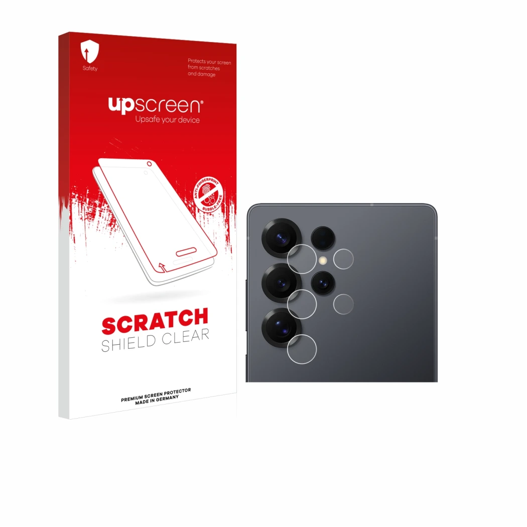 Parte frontale di una confezione del prodotto con il logo del marchio upscreen. Accanto è raffigurato il dispositivo Samsung G