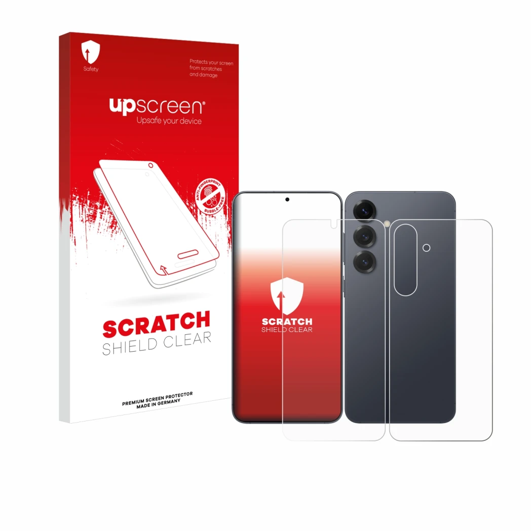 Parte frontale di una confezione del prodotto con il logo del marchio upscreen. Accanto è raffigurato il dispositivo Samsung G