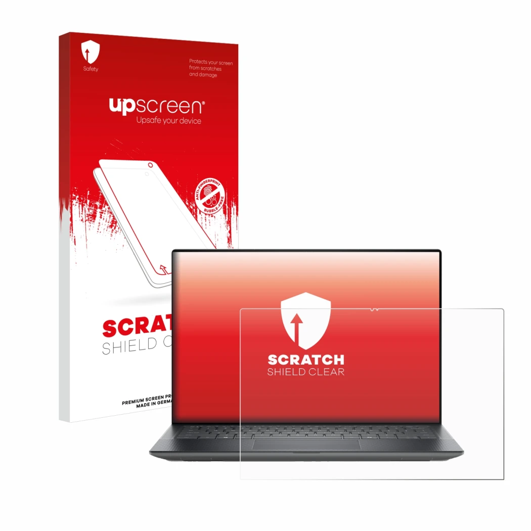 Parte frontale di una confezione del prodotto con il logo del marchio upscreen. Accanto è raffigurato il dispositivo Dell Prec
