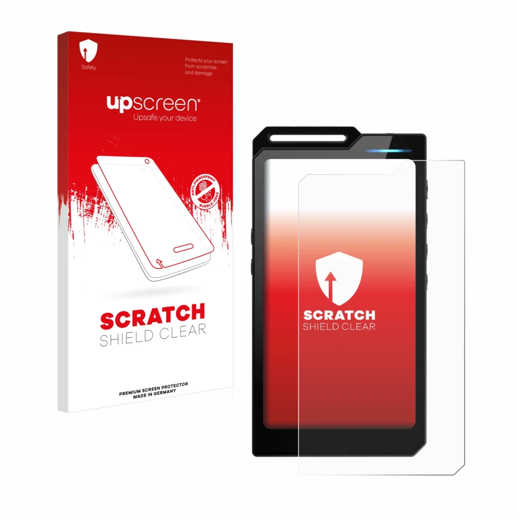 Parte frontale di una confezione del prodotto con il logo del marchio upscreen. Accanto è raffigurato il dispositivo Hiby R4 c